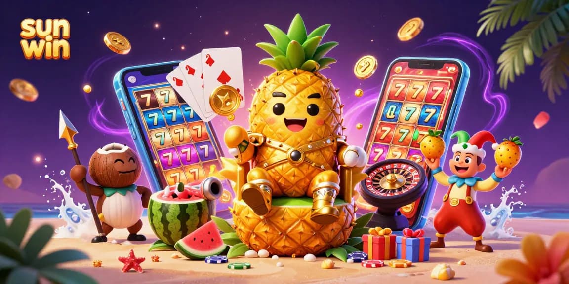 Experience thrilling gameplay with sun win, featuring a golden pineapple king, vibrant slot games, and casino elements.