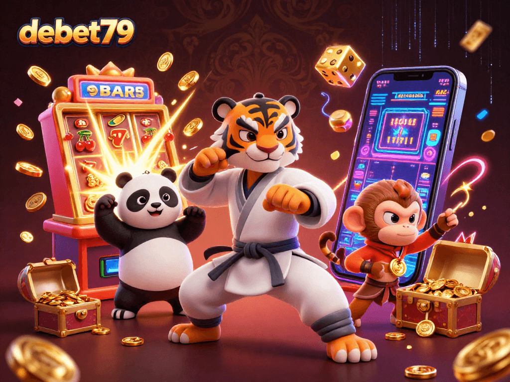 Win with debet79 in a vibrant casino scene featuring kung fu tiger and panda.