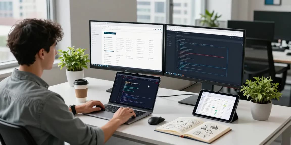 Web3 development workspace featuring dual monitors, blockchain analytics, and a modern office setup.