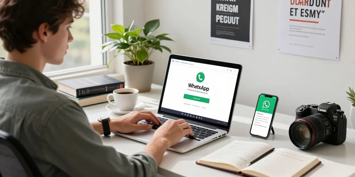 Downloading WhatsApp on a laptop in a vibrant tech workspace.