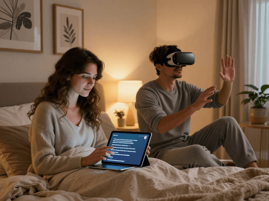 Couple discovering ai sex benefits through augmented reality and virtual experiences in a cozy bedroom.