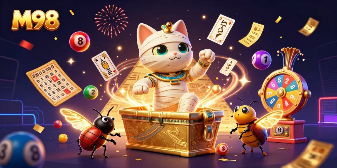 M98 offers thrilling chances to win with an engaging cartoon casino atmosphere featuring a mummy cat and dynamic prize elements.