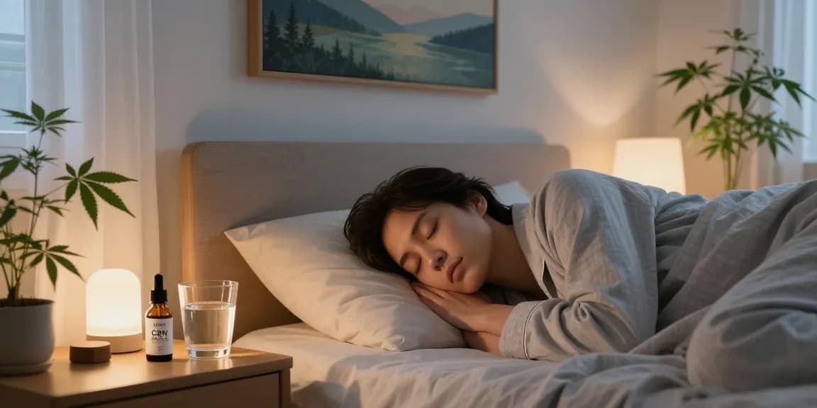 Person peacefully sleeping in a serene bedroom with CBD North CBD CBN Sleep Oil on bedside table.