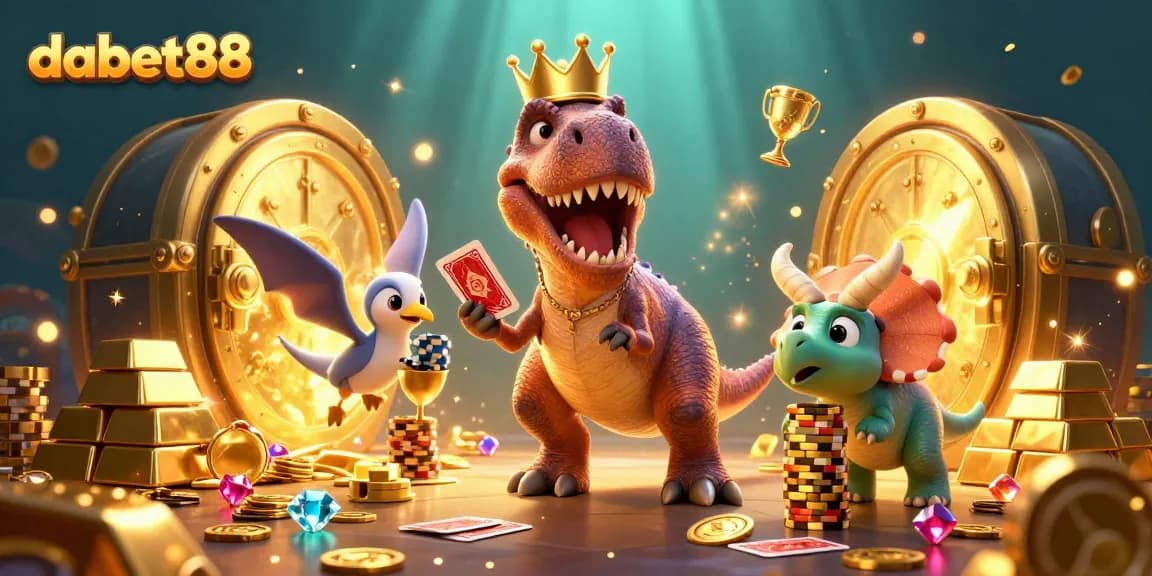 dabet88 showcases an energetic scene with dinosaurs enjoying casino games and treasures.
