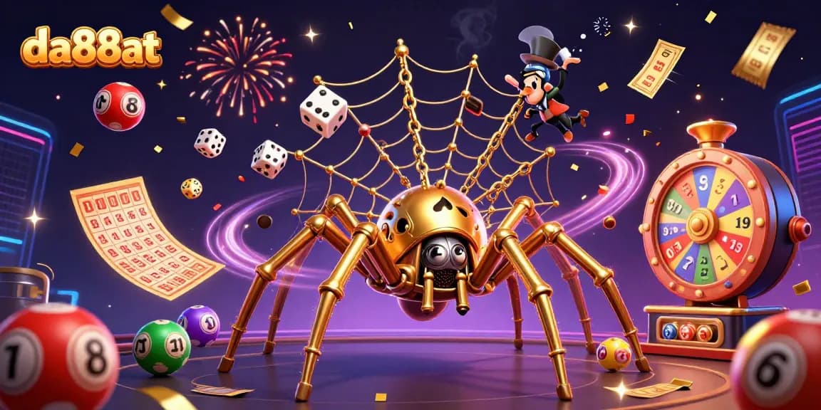 da88at brings excitement with a steampunk spider catching dice in a vibrant casino scene.