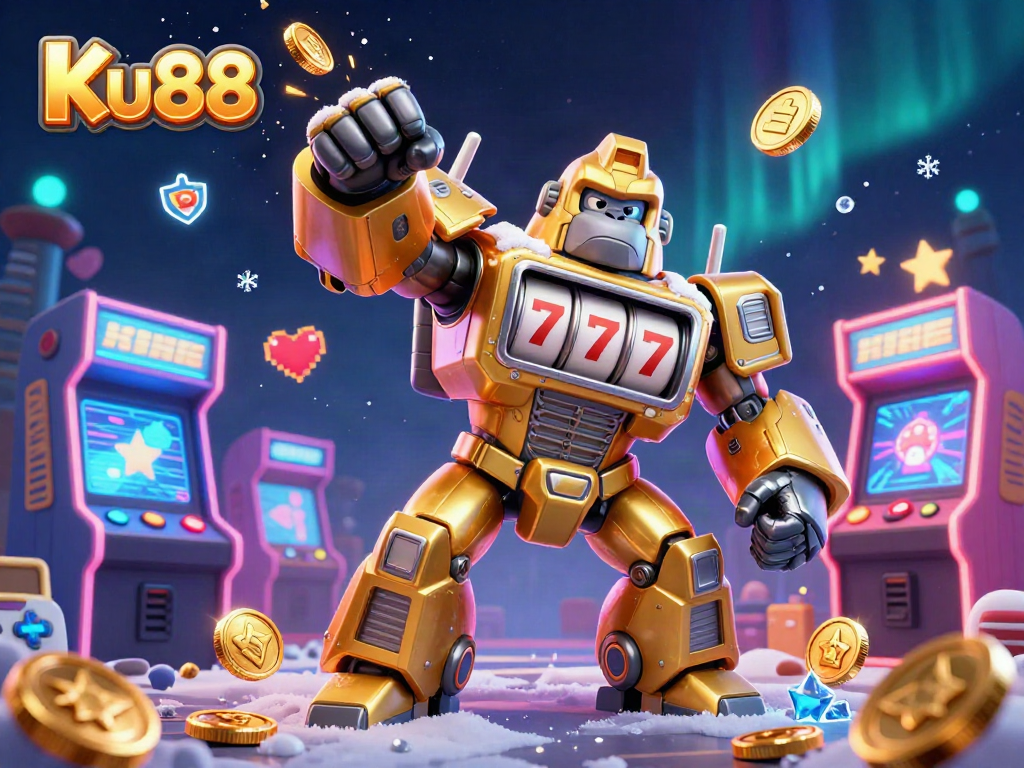 Experience thrilling gaming action with Ku88's vibrant 3D casino illustration showcasing a golden gorilla mech.