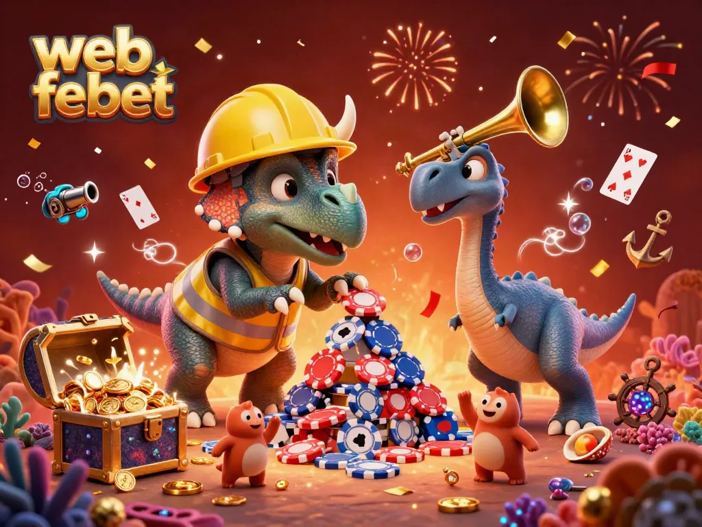 Experience exhilarating wins at web febet with festive 3D triceratops building poker chip pyramid.