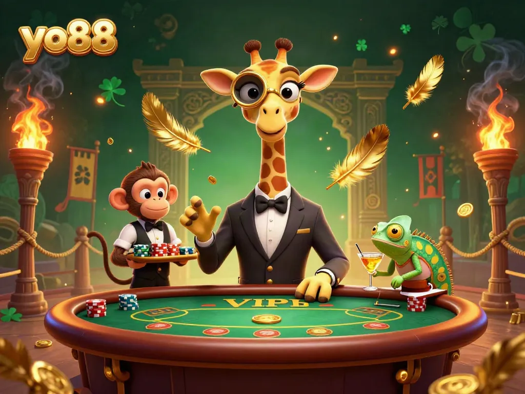 Join the excitement at yo88 with a vibrant casino atmosphere featuring animated animals and rich gambling elements.