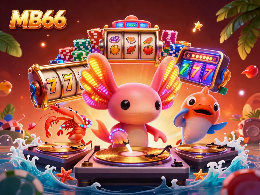 Engaging axolotl DJ and friends celebrating with vibrant casino games and elements for MB66.
