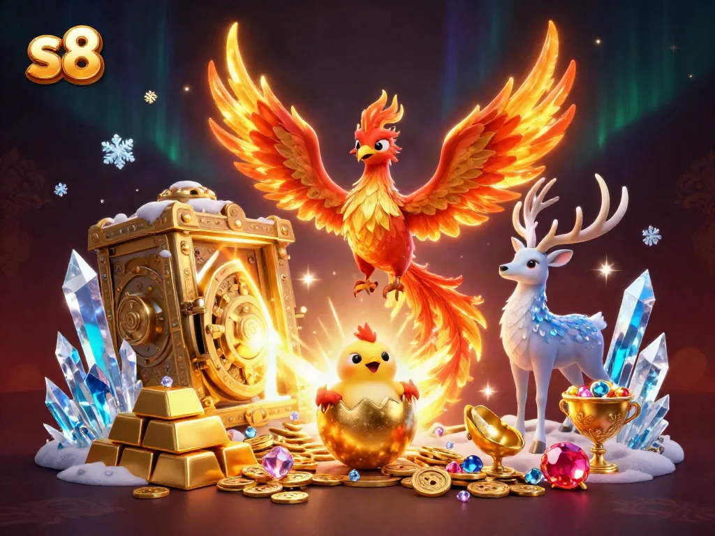 S8 offers stunning casino experiences with an energetic 3D illustration of a phoenix and treasures.