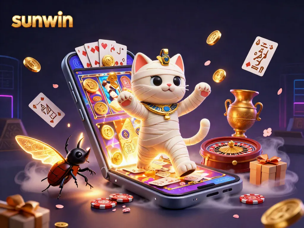 Experience sunwin's vibrant casino excitement with a mummy cat, glowing scarab, and floating cards.