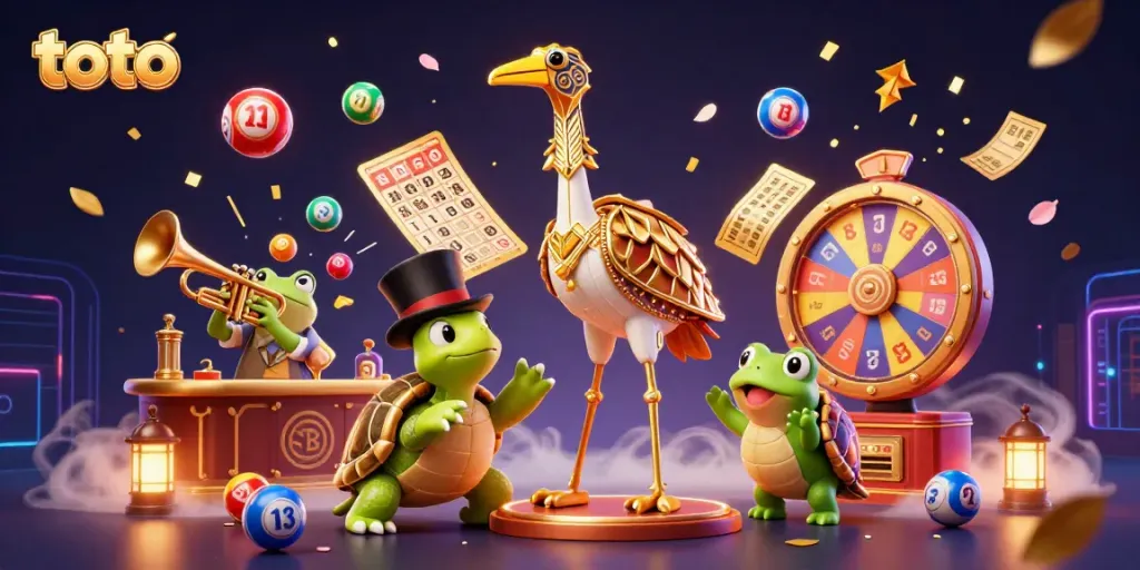 Engage with the toto gaming experience featuring vibrant characters, lottery elements, and casino excitement.