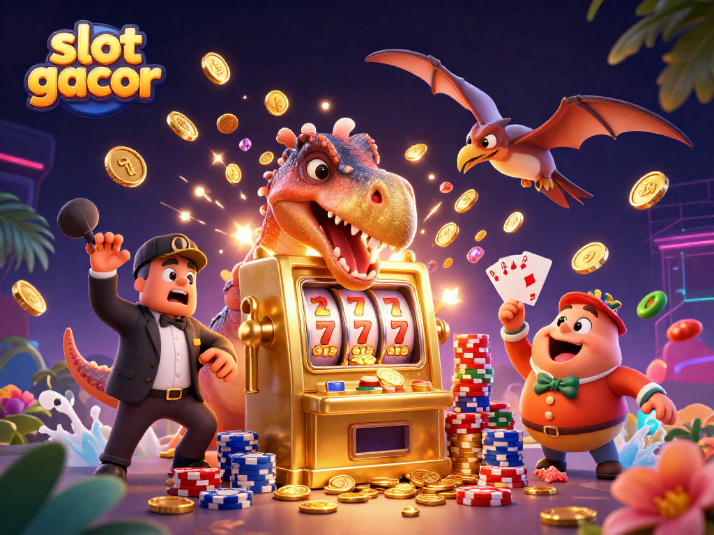 Experience slot gacor excitement with a 3D dinosaur showdown at a golden slot machine!