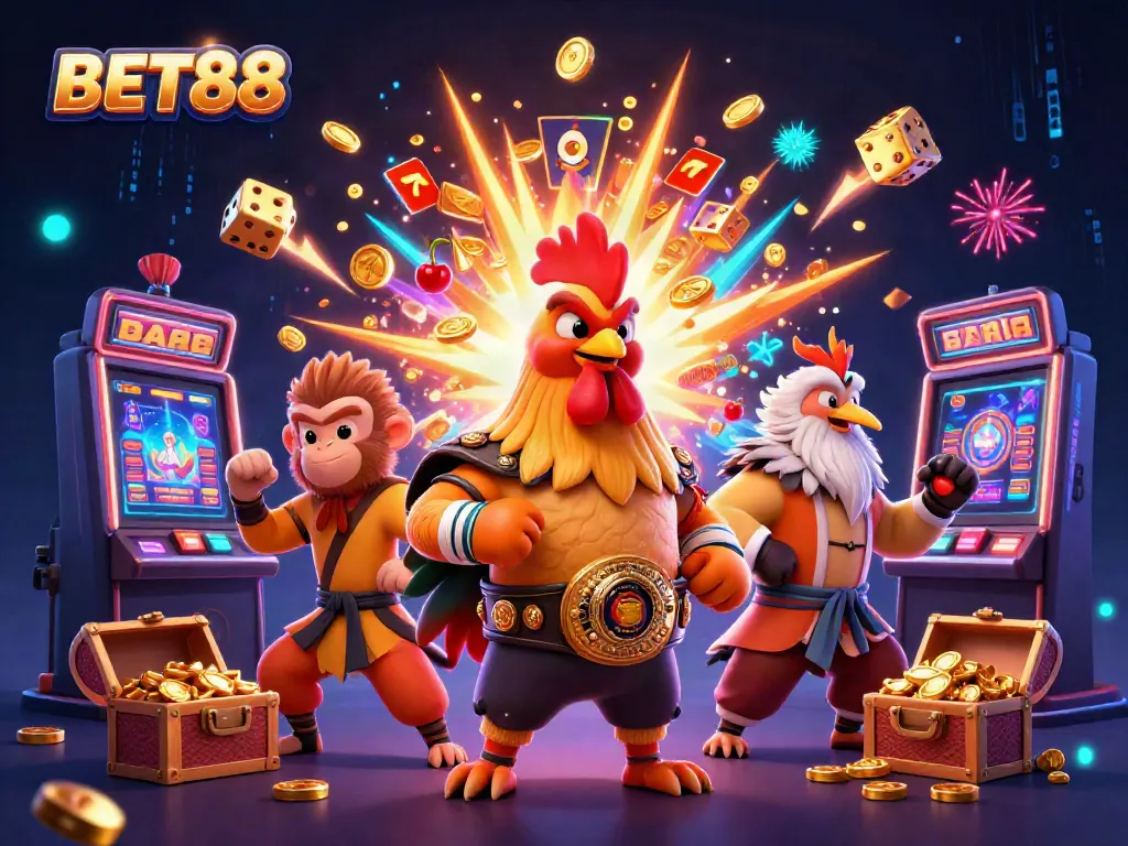 Engage in thrilling gameplay at BET88 with a dynamic scene filled with rich casino elements and our fierce characters.