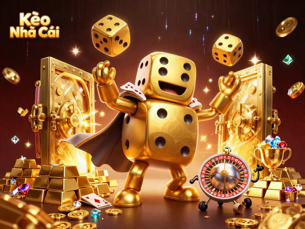 Experience thrilling Kèo Nhà Cái action with vibrant 3D dice golem and golden treasures in a dynamic casino setting.
