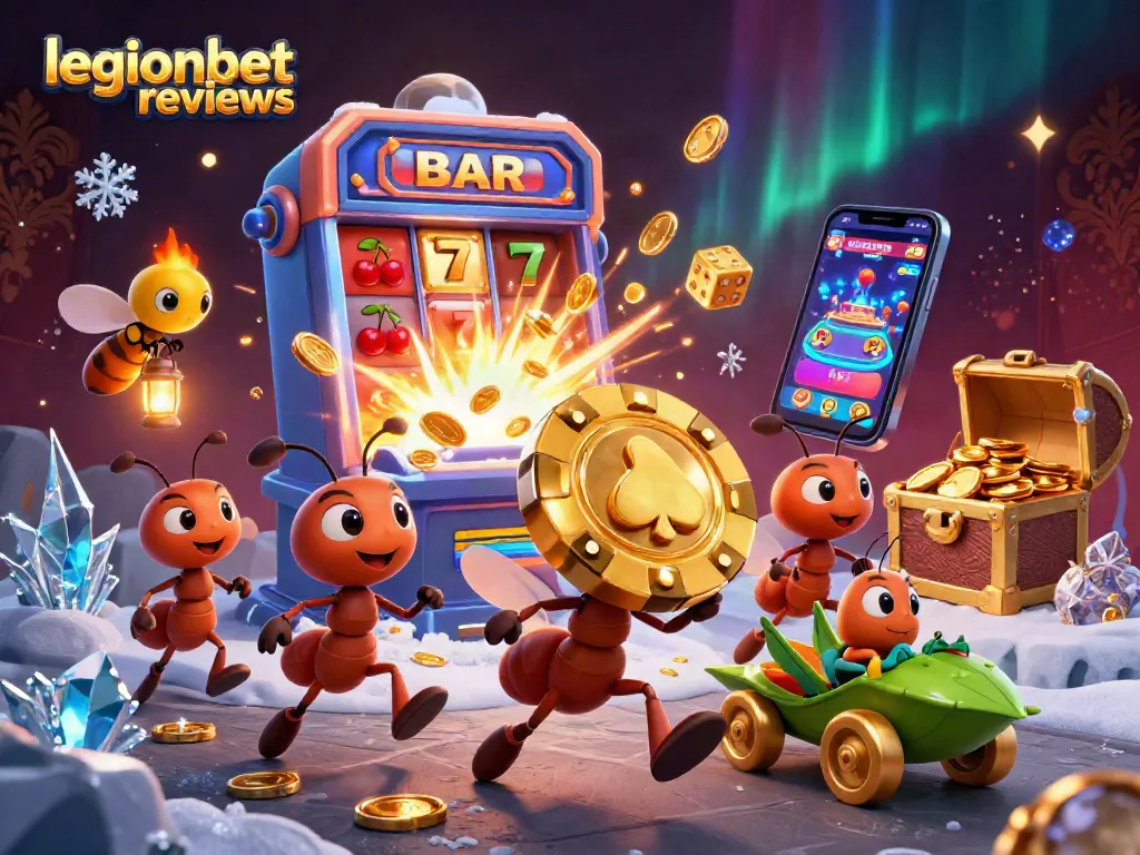 Enjoy thrilling legionbet reviews illustrated with cartoon ants on a heist amid overflowing casino treasures.