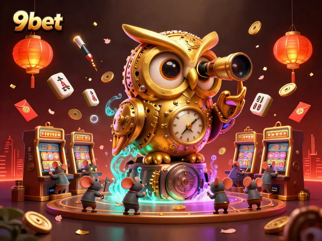 Win big with 9bet at a bustling casino with an intricate golden owl and lively mouse patrons.