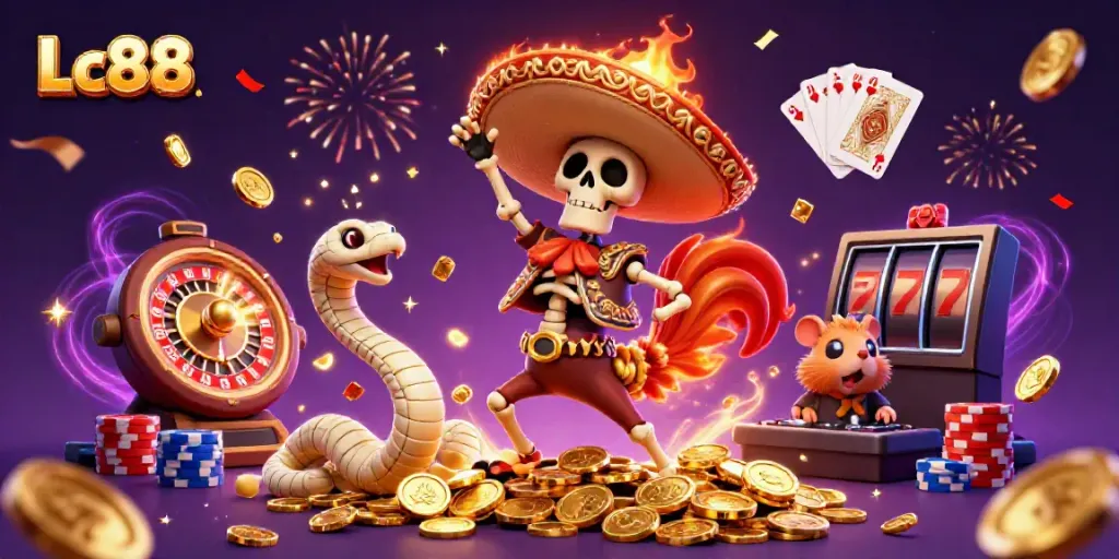 A vibrant Lc88 casino scene featuring a mariach skeleton dancing on gold coins with gaming elements.