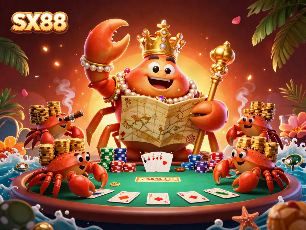 SX88 showcases a lavish gaming scene with a golden crab emperor and poker elements.