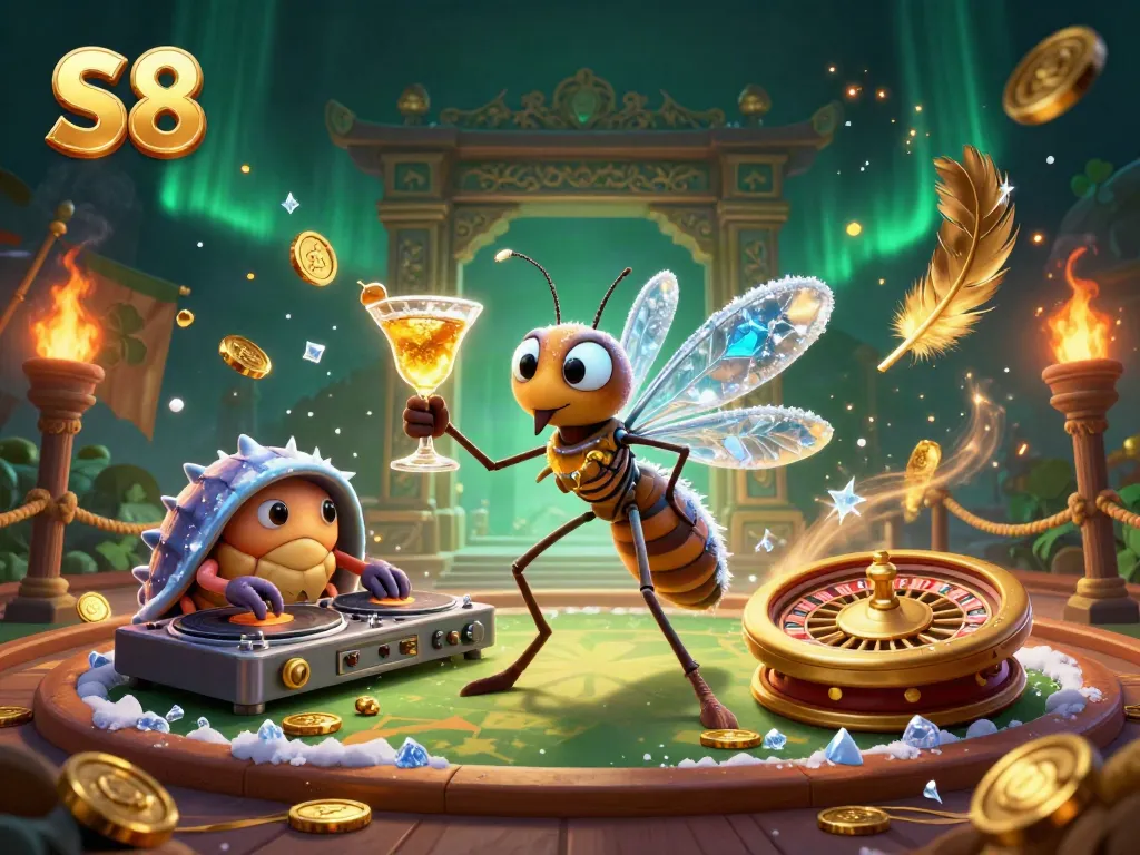 Unleash your luck at S8 with dynamic casino-themed illustration featuring a unique mosquito mascot.