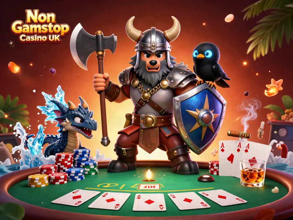 Engage with Non Gamstop Casino UK through a dynamic 3D illustration showcasing Viking warrior and gaming elements.