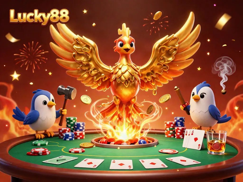 Lucky88 captivates with a molten golden phoenix and poker chaos, showcasing high-stakes excitement.