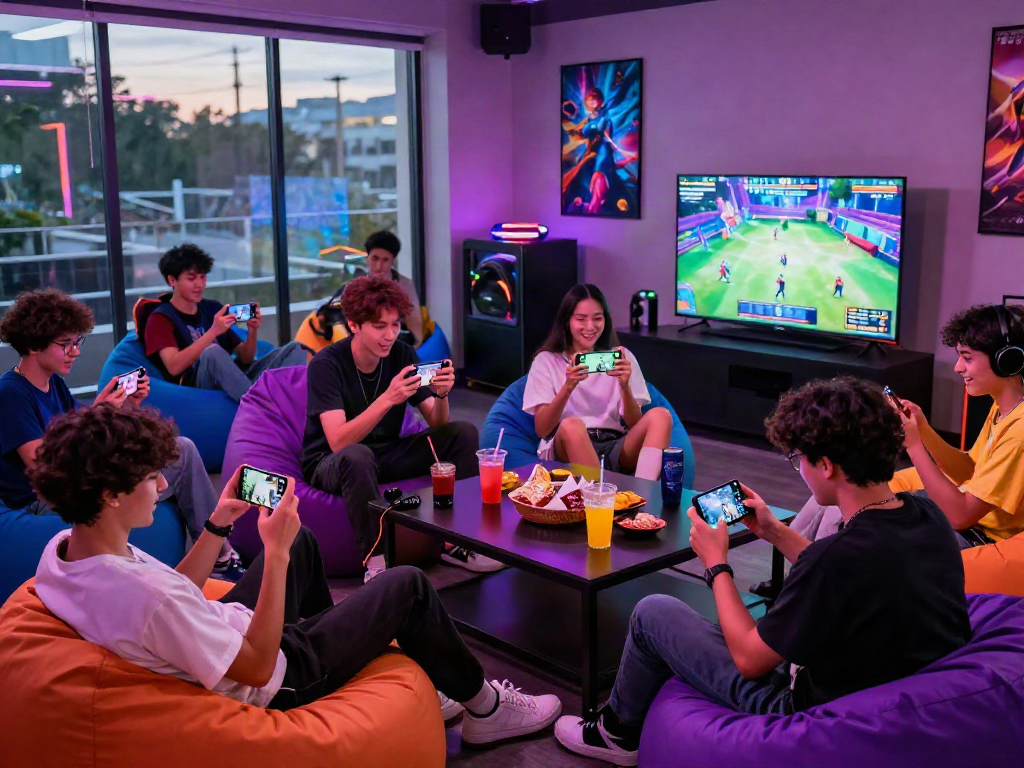 Engaged friends playing mobile porn games in a lively gaming lounge.