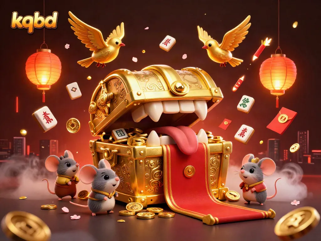 Engage with kqbd's thrilling gambling world, featuring a treasure chest and playful mice amidst gold.