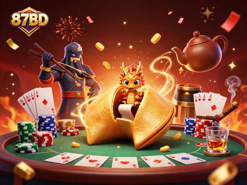 Enjoy thrilling poker action with 87BD while a wise dragon reads fortunes from a golden cookie.