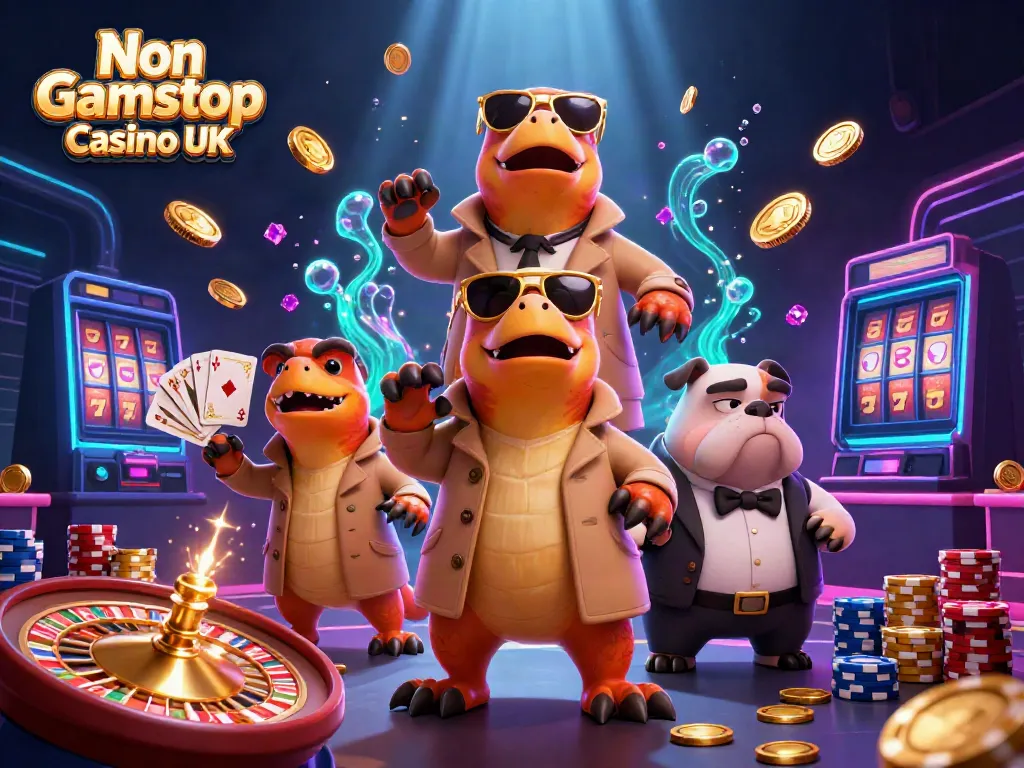 Experience the thrills at Non Gamstop Casino UK with three raptors in disguise in a vibrant casino setting.