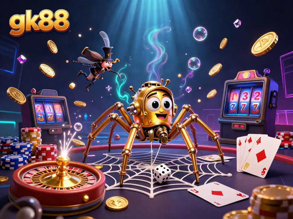 Experience excitement with gk88 as a golden spider traps dice amidst a vibrant casino scene.
