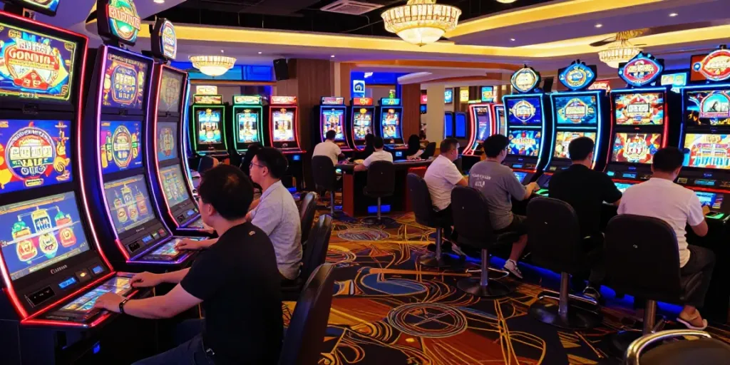 Engaged players at GEM88's online gaming casino, showcasing diverse experiences with vibrant lights