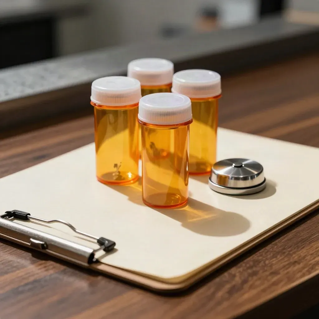Amber pill bottles, clinic clipboard and metal ticket puck on a walnut counter in dramatic light
