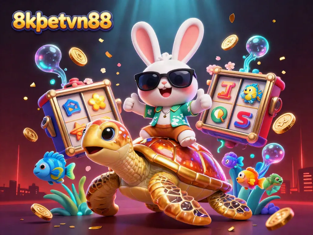 Win big with 8xbetvn88 in a vibrant casino world featuring a lucky rabbit and golden sea turtle.