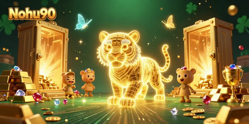 Nohu90 features a neon-wireframe tiger in a bustling digital casino landscape, showcasing excitement and luxury.