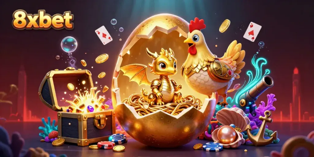 Experience the thrill of 8xbet with a stunning golden dragon and poker chips in a vibrant casino scene.