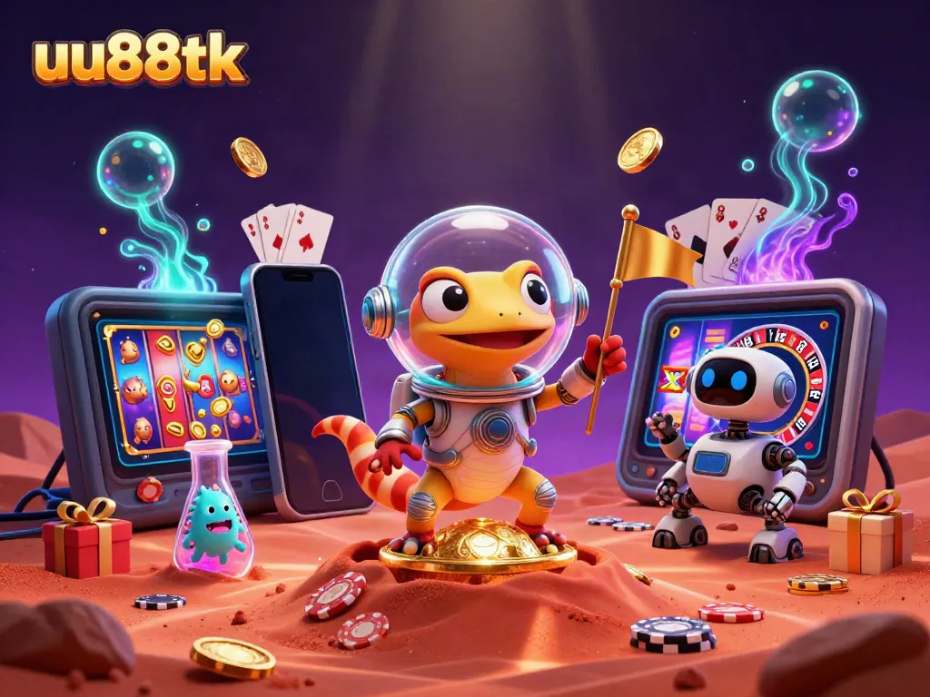 Engage with exciting slot games at uu88tk, featuring 3D characters discovering a golden casino on Mars!