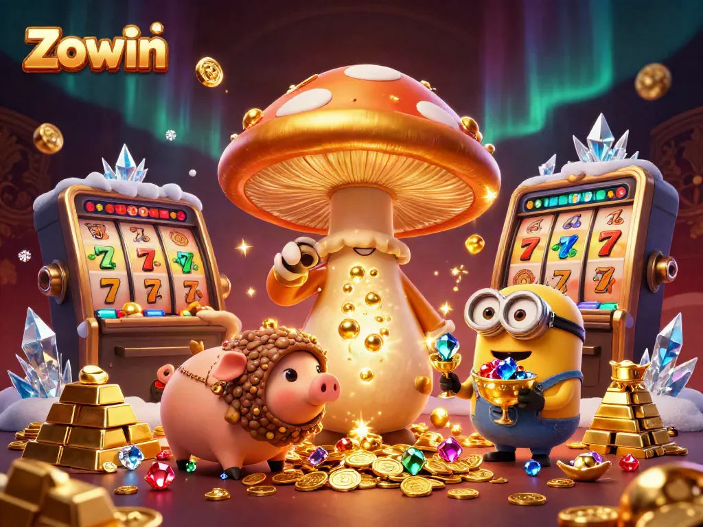 Experience thrilling slots and magical treasures at Zowin Casino with a vibrant golden scene.
