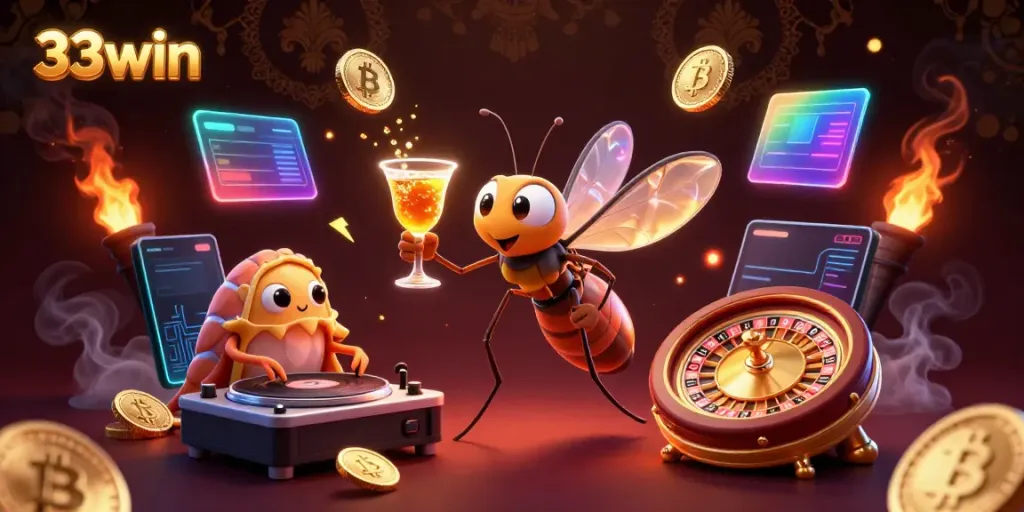Engage with 33win's vibrant casino scene featuring a unique fossil-inspired mascot and glowing cryptocurrencies.