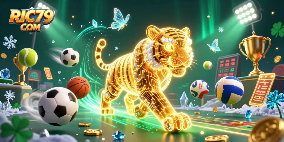 Experience RIC79 COM with a dynamic 3D casino scene featuring a neon tiger and sports elements.