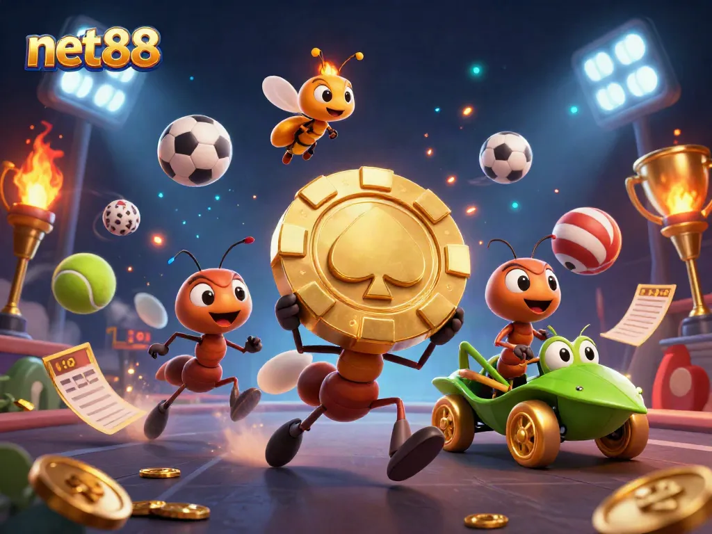 Ants heist scene with a golden poker chip and sports elements for net88