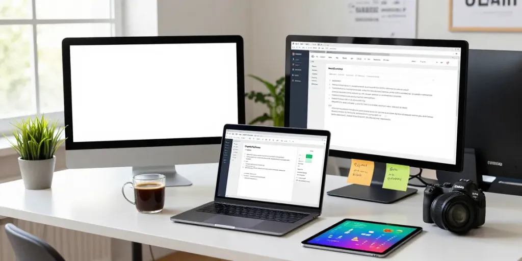Publishing a SaaS article in a bright office with dual monitors.