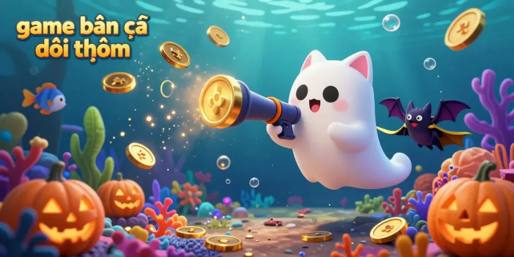 Experience the excitement of game bắn cá đổi thưởng with a friendly ghost cat and vibrant sea creatures.