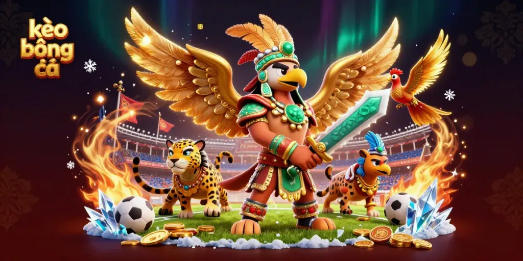 Bet on kèo bóng đá with this dynamic 3D illustration of Aztec-themed warriors in a vibrant sports setting.