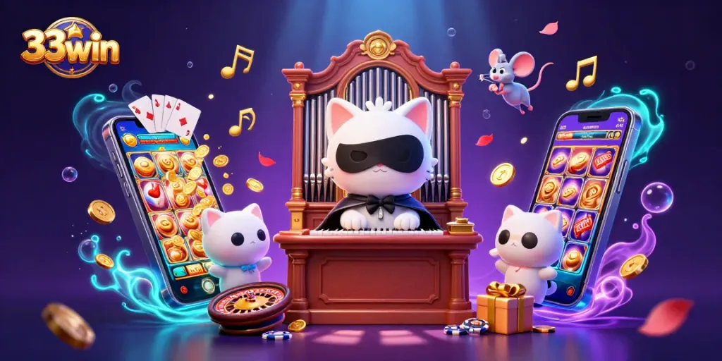 Engaging 33win casino scene with a charming cat at an organ, themed gaming elements, and vibrant colors.