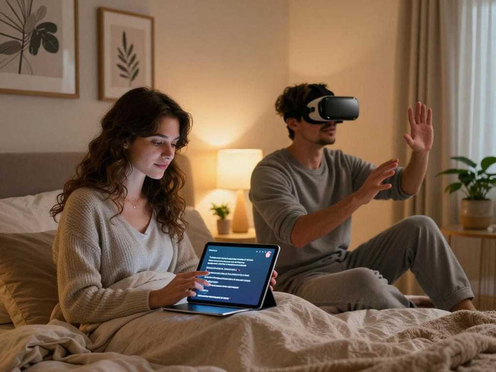 Couple discovering ai sex benefits through augmented reality and virtual experiences in a cozy bedroom.