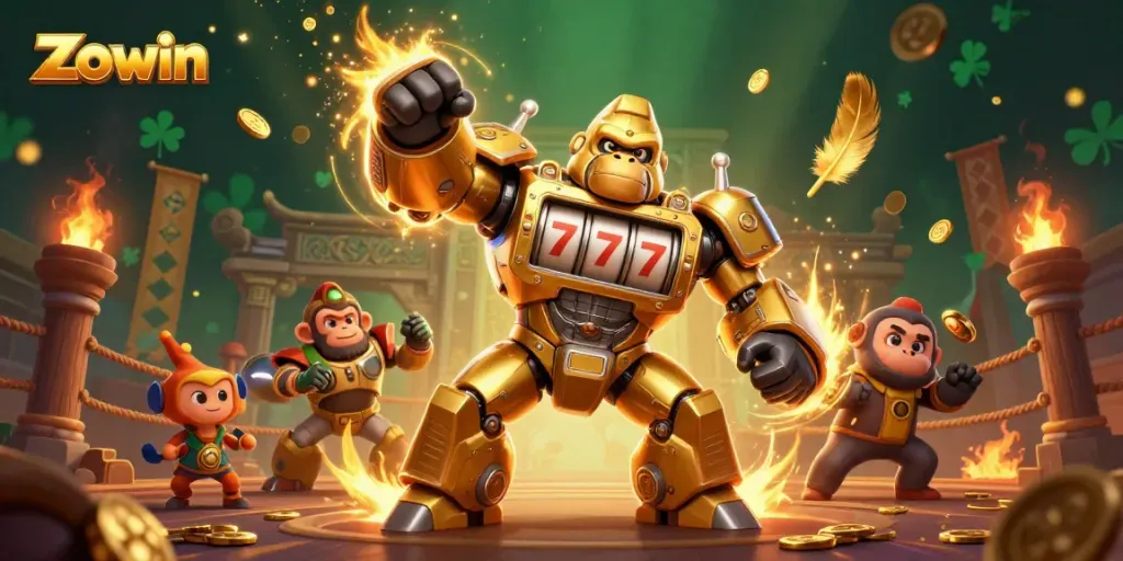 Experience thrilling games at Zowin, where the golden gorilla mech triumphantly punches with confetti coins.