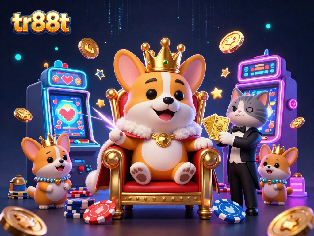Play exciting games at tr88t with cartoon corgi royalty enjoying their casino adventure.