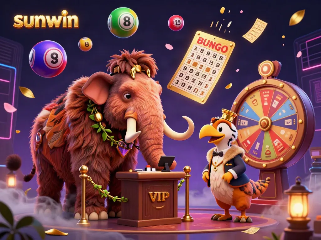 Experience sunwin's vibrant casino atmosphere with a cartoon mammoth bouncer and dynamic lottery elements.