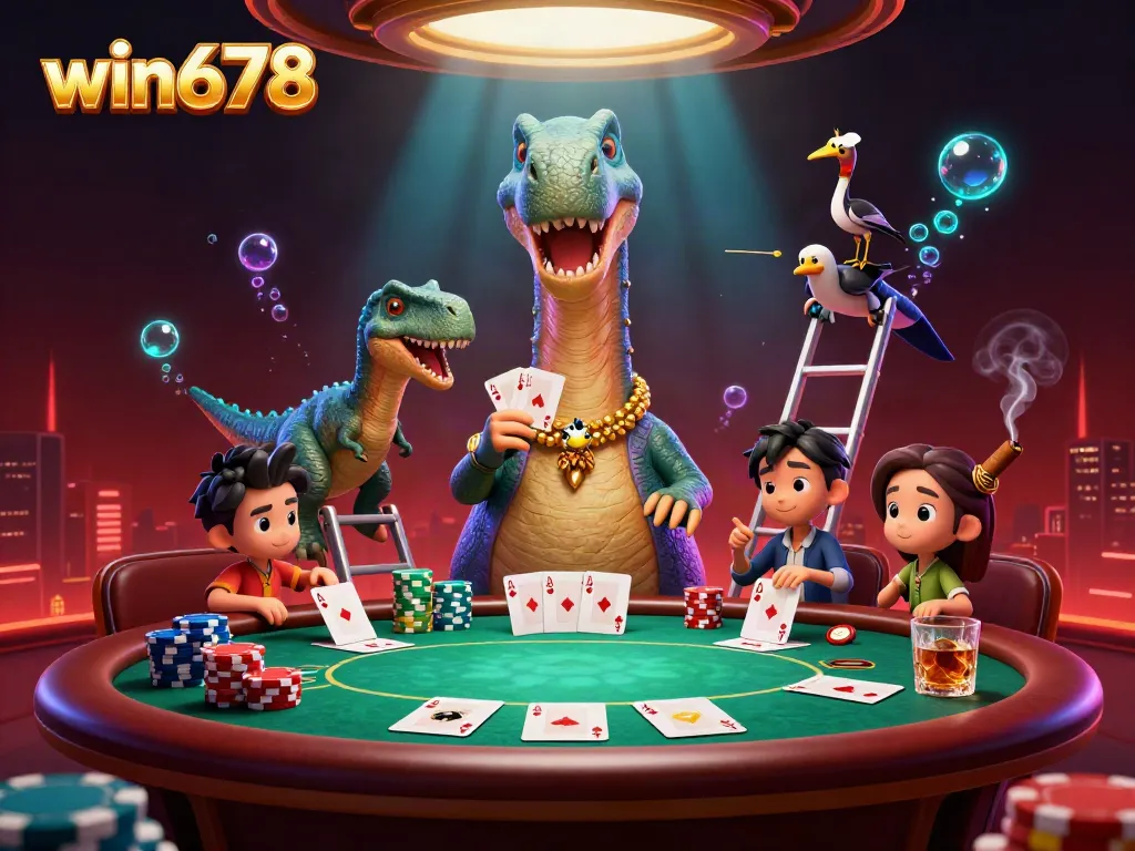 Experience win678's vibrant casino atmosphere with a towering brontosaurus overseeing a lively poker table.